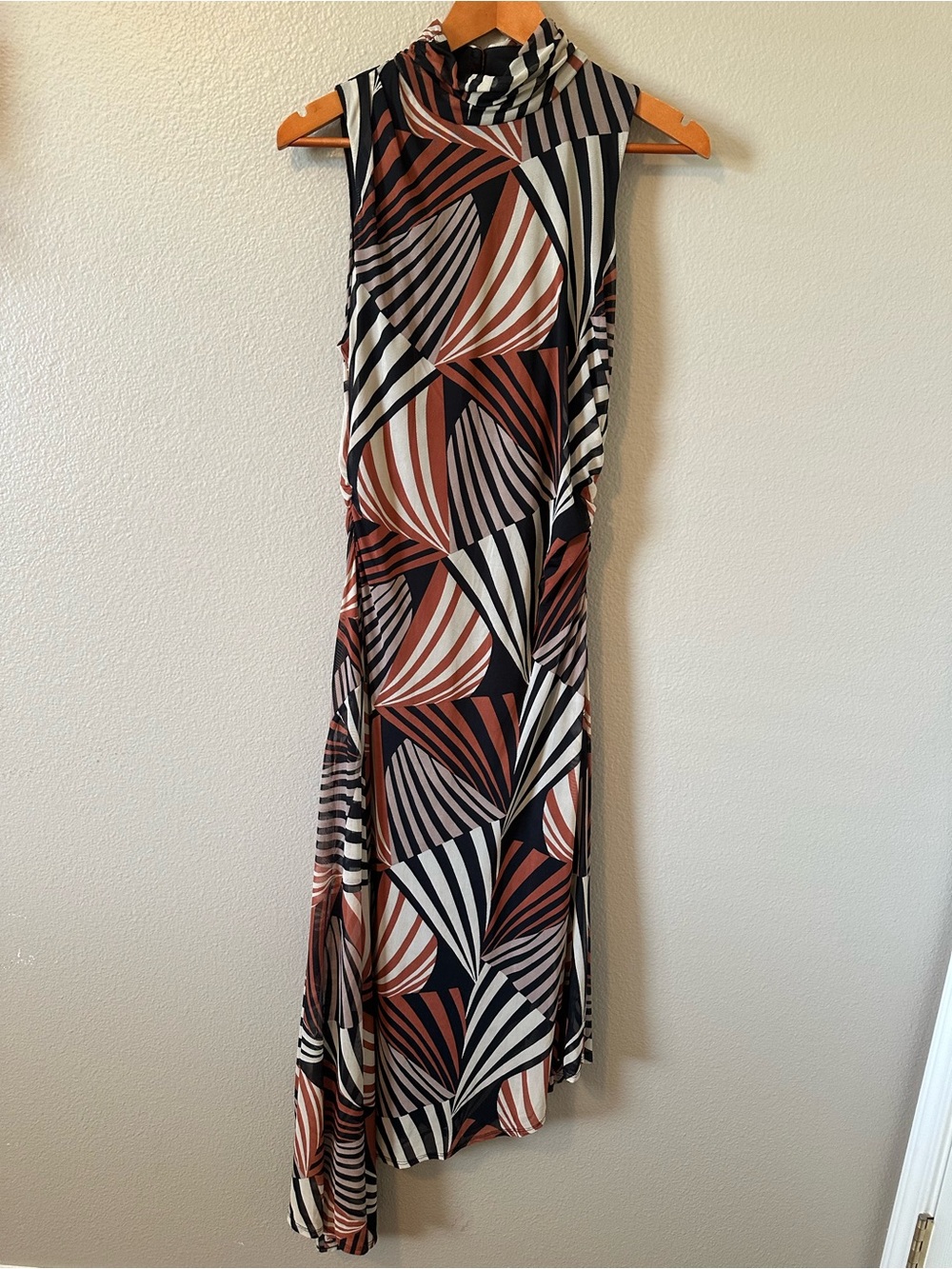 Taylor Sleeveless Asymmetrical Geo Maxi Dress in Black, White & Rust